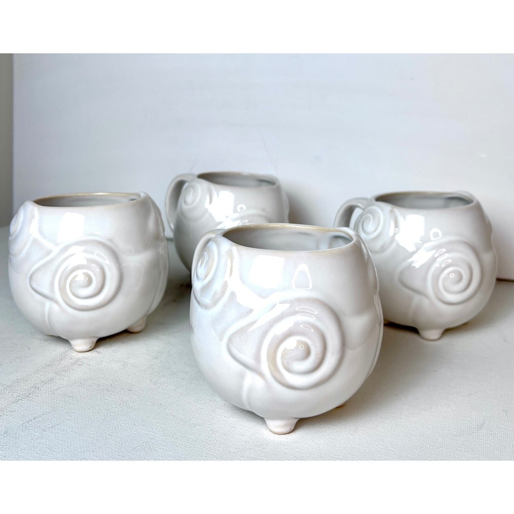 West Elm Ram Sheep Mugs Set of 4 White Stoneware Footed Farmhouse Cottagecore